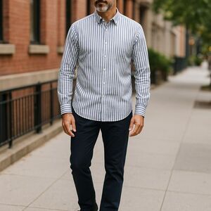 BCBGMAXAZRIA Mens Large Blue Striped Long Sleeve Button Front Collared Shirt L